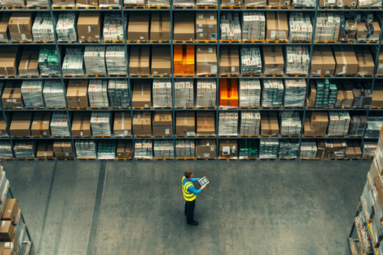 A high-definition, realistic image of a male warehouse worker in a reflective vest, holding a tablet and scanning barcodes on boxes stacked neatly on shelves in a customs warehouse, symbolizing precision and efficiency --chaos 20 --ar 16:9 --quality 2 --personalize 1gx25nw --v 6.1 Job ID: bec8e20e-5fb4-4753-8ebc-2516c84246cc