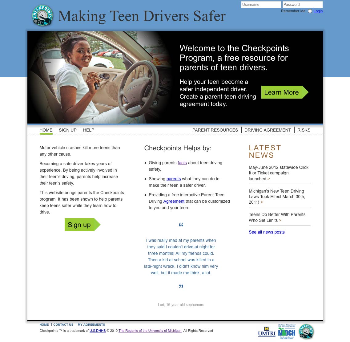 Screen shot of of the Checkpoints program website
