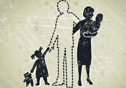 Abstract illustration depicting a mother, two small children, and an outline of a father. (stock image)