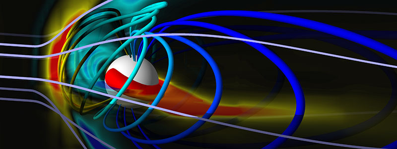 Simulation results show the solar wind in gray with Earth's magnetic field in shades of blue and yellow, corresponding to different pressures. The white ball is 2.5 times the size of Earth. Visualization created by Darren De Zeeuw, Dept. of AOSS
