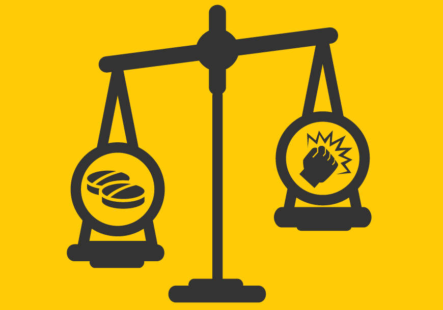 A tipping scale with prescription medicine weighed against fist icon. Icons courtesy The Noun Project designers Veronika Karenina (scale icon), Diego Naive (pill icon), and Ezra Keddell (hit icon)
