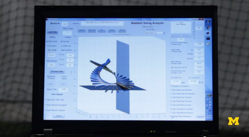 A computer screen displaying a baseball swing using sensor technology. 