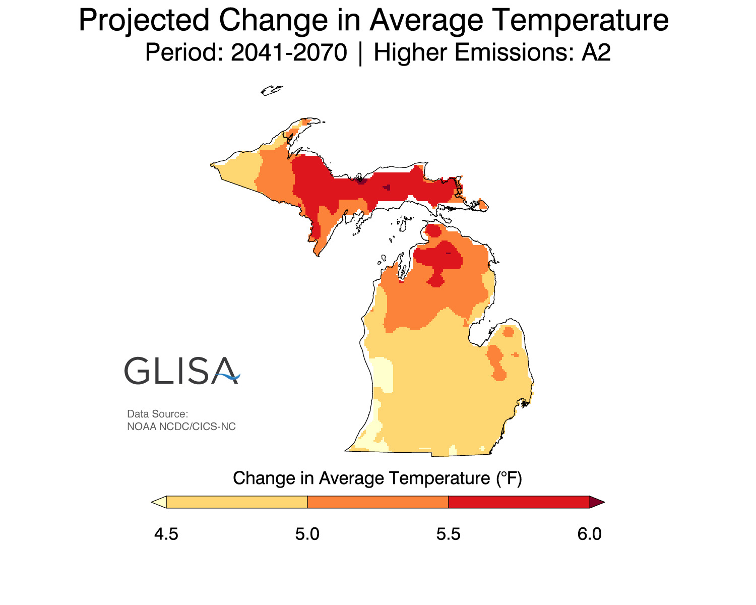 Projected change in average temperature. Image courtesy: GLISA