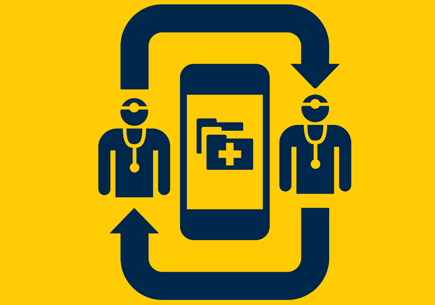 An icon representing doctors sharing information. (via NounStock)