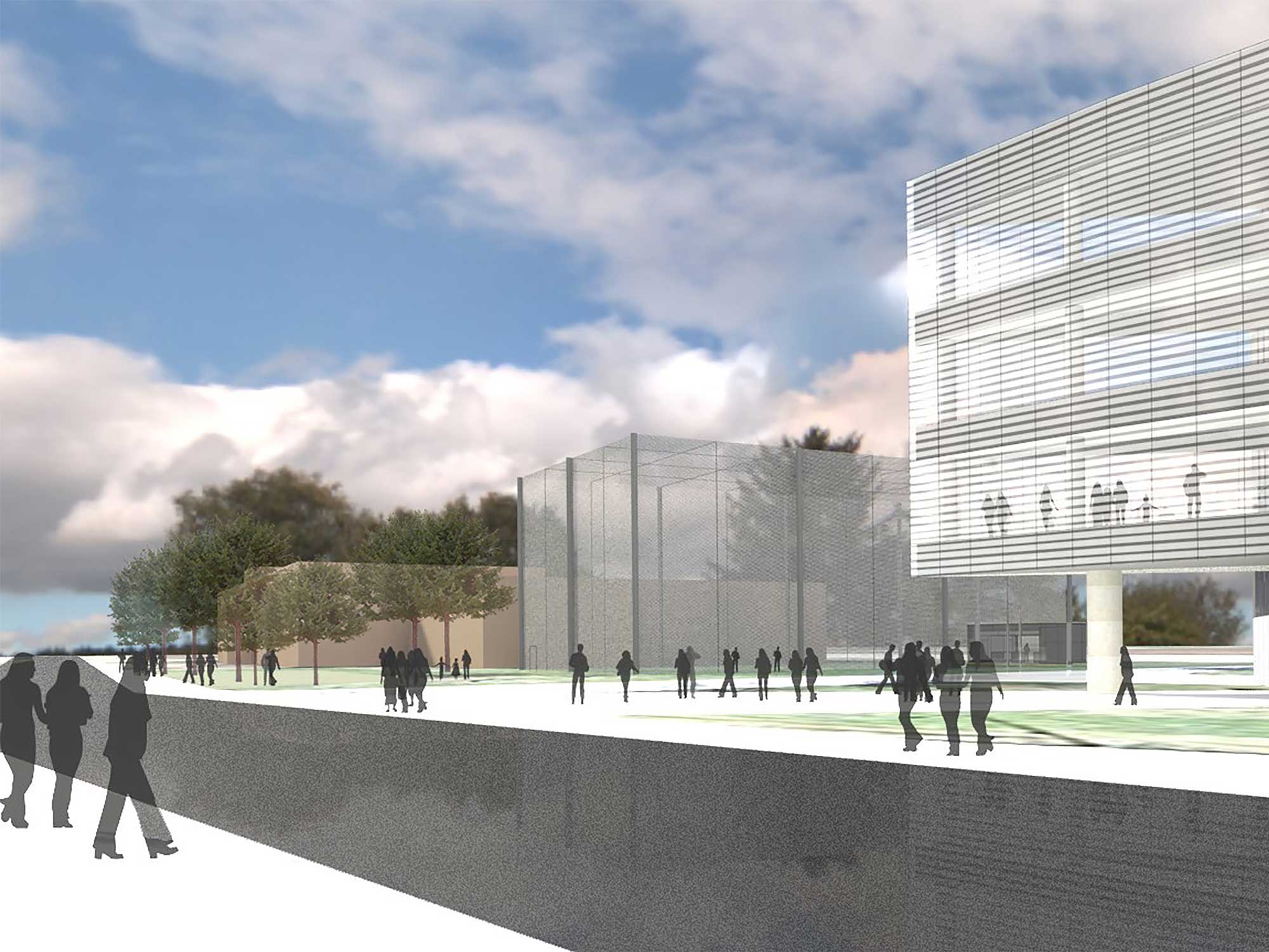 A rendering of the westward-looking view of the M-Air outdoor, netted facility for testing autonomous aerial vehicles. It will be situated between the planned Ford Motor Company Robotics Building and the existing Space Research Building on Hayward Street on the University of Michigan's North Campus. Image credit: Architect and engineering firm Harley Ellis Devereaux