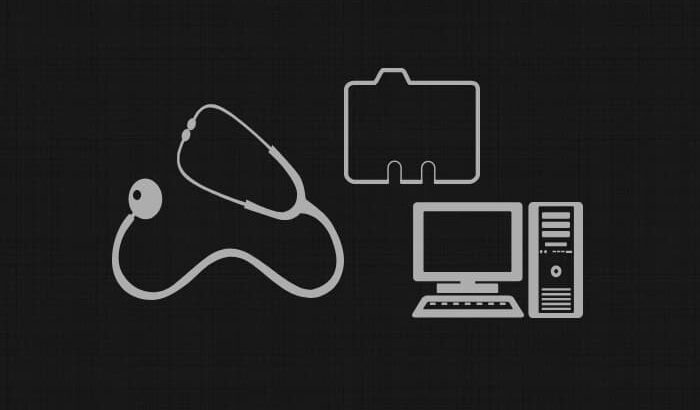 Icons of a stethoscope, dies, and a computer.