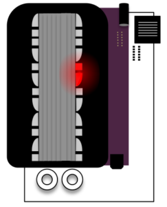 This is a cartoon of the optoFLIC device, with one arena lit up in red as though a fly is feeding. Image credit: Christina May and Monica Dus