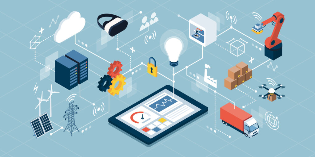 Industrial internet of things, innovative manufacturing and smart industry: human machine interface app on a digital tablet. Image credit: iStock