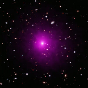 This image of Abell 2261 contains X-ray data from Chandra (pink) showing hot gas pervading the cluster as well as optical data from Hubble and the Subaru Telescope that show galaxies in the cluster and in the background. Astronomers used these telescopes to search galaxy in the center of the image for evidence of a black hole, weighing between 3 and 100 billion times the Sun, that is expected to be there. No sign of this black hole was found, deepening a mystery about what is happening in this system. Image credit: X-ray: NASA/CXC/Univ of Michigan/K. Gültekin ; Optical: NASA/STScI and NAOJ/Subaru; Infrared: NSF/NOAO/KPNO; Radio: NSF/NOAO/VLA