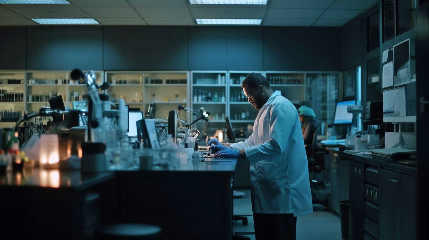Concept photo of a researcher working alone in a lab. Image credit: Nicole Smith, Made with Midjourney