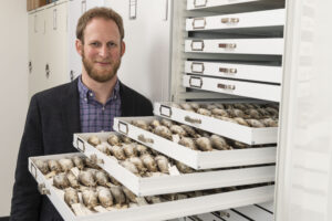 University of Michigan evolutionary biologist Benjamin Winger with some of the migratory songbirds from the Field Museum's collections, gathered after crashing into windows in Chicago. Image credit: Roger Hart/University of Michigan Photography.