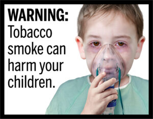 A proposed graphic tobacco warning label with a child using an oxygen mask. Image courtesy FDA.gov
