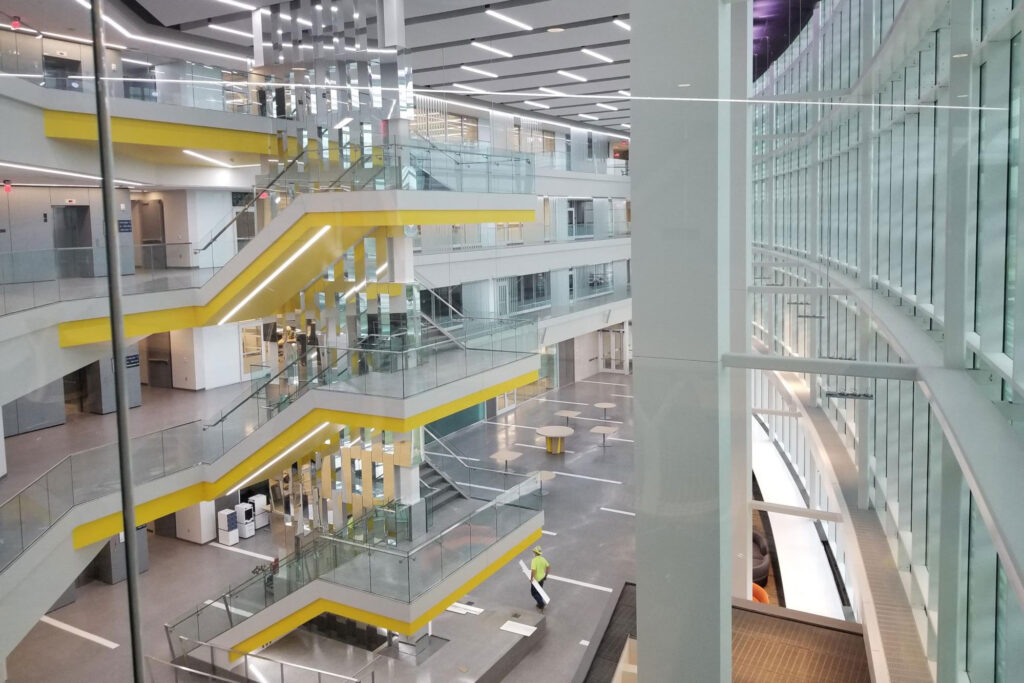 Photo of the atrium of the Ford Motor Company Robotics Building on North Campus.