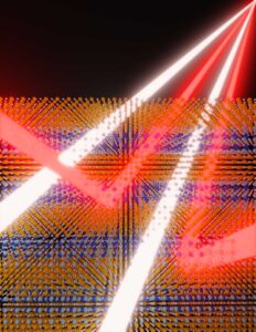 his artist’s rendering shows the material reflecting infra-red light while letting other wavelengths pass through. Image credit: Andrej Lenert