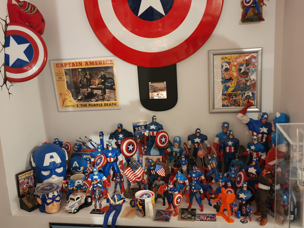 Todd Coon also collects Captain America memorabilia, including dozens of figures and a full-size shield that pre-dates the Marvel Universe era. (Photo courtesy of Todd Coon)