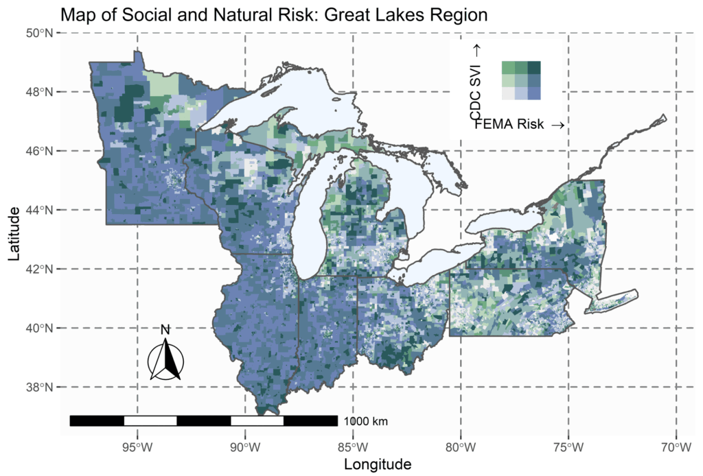 Map of social and natural risk in the Great Lakes region, using data from the FEMA National Risk Index ranks and the CDC's Social Vulnerability Index. Dark green represents high vulnerabilities in both FEMA risk and the social vulnerability index. Gray indicates low vulnerabilities for both. Blue indicates high FEMA risk, while green indicates a high social vulnerability index ranking. Image credit: Van Berkel et al., "Planning for climate migration in Great Lakes Legacy Cities," Earth's Future, October 2022