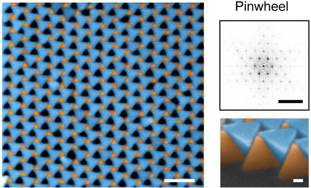 Colorized electron microscope images (blue and orange) alongside the X-ray diffraction pattern reveals the pinwheel structure. The ability to make these twisted structures at the nanoscale could have applications in sensing, machine vision and more. Image credit: S. Zhou et al, Nature, DOI: 10.1038/s41586-022-05384-8