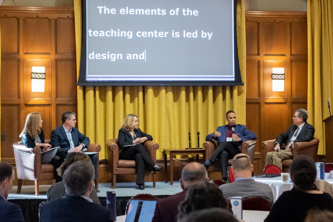 From left, deans Anne Curzan, Michael Solomon, Elizabeth Moje and Alec Gallimore participate in a discussion of the seminar’s theme, “What’s next?” It was moderated by Thomas Finholt (right). (Photo by Daryl Marshke, Michigan Photography)