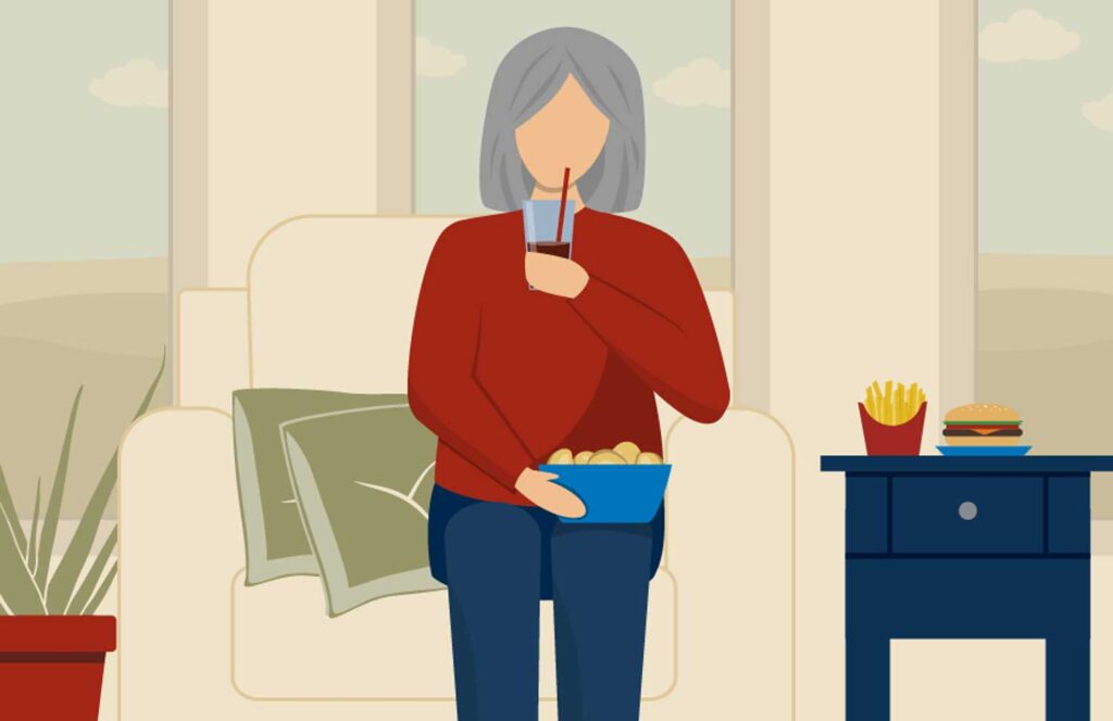 Concept illustration of an older woman consuming sugary and salty foods. Image courtesy: National Poll on Healthy Aging