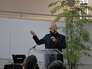 Matias del Campo speaking at U-M's first Neural Architecture Symposium. Image courtesy: Taubman College