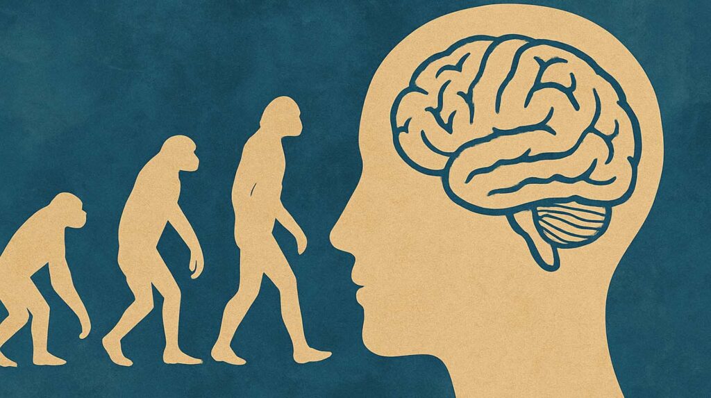 Concept illustration of evolving humans and a brain. Image credit: Nicole Smith, made with ChatGPT