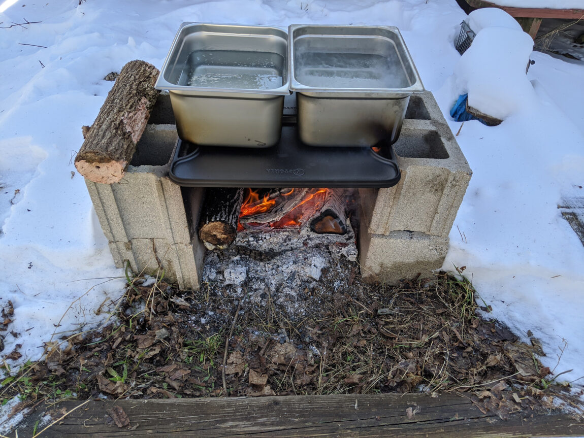 The Marsiks boil the sap over this fire pit in their backyard or over a burner on the side of an outdoor grill. (Photo courtesy of Frank Marsik)