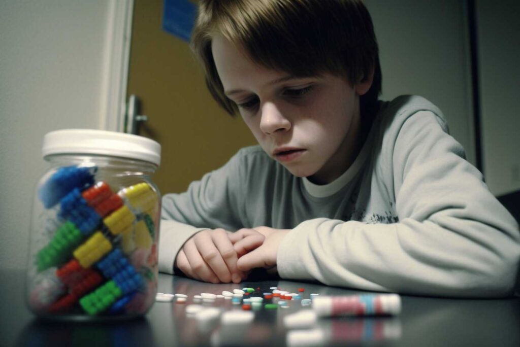 Concept illustration of a young boy looking at prescription pills. Image credit: Nicole Smith, made with Midjourney