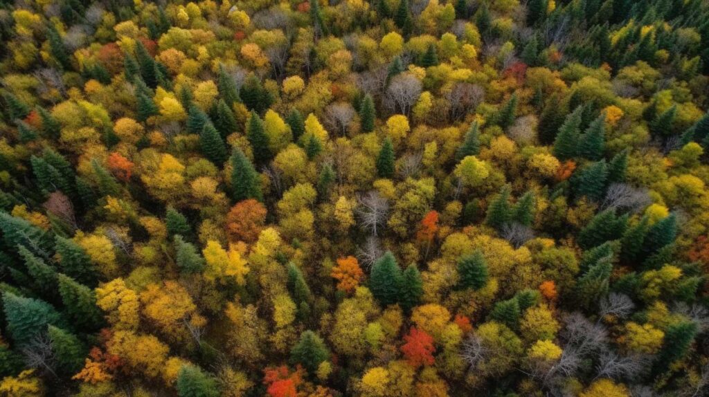 Aerial view of a forest with many types of trees. Image credit: Nicole Smith, made with Midjourney