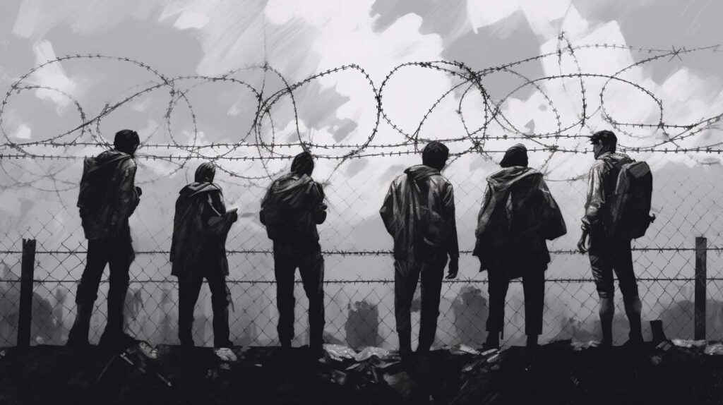 Concept illustration of migrants in front of a barbed wire fence. Image credit: Nicole Smith, made with Midjourney