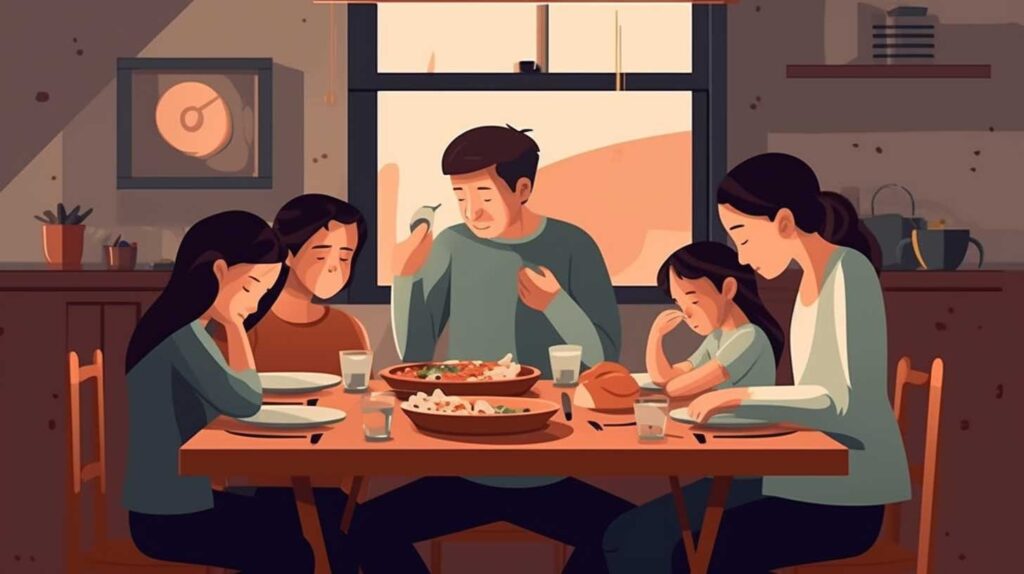 Concept illustration of a family at the dinner table. Image credit: Nicole Smith, made with Midjourney