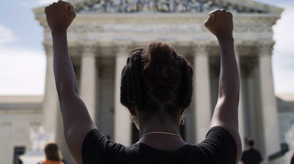 Concept photo of an affirmative action protestor. Image credit: Nicole Smith, made with Midjourne