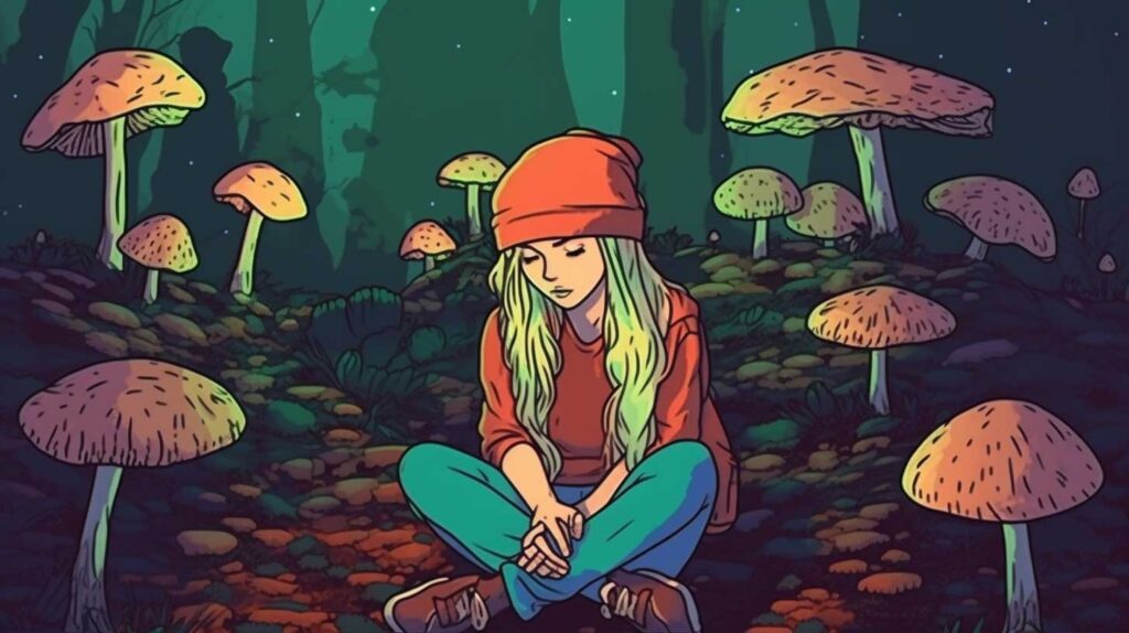 Concept illustration of a young adult surrounded by mushrooms. Image credit: Nicole Smith, made with Midjourney