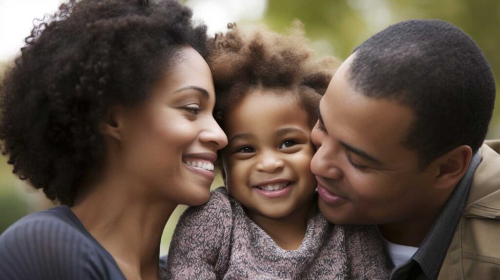 Concept photo of parents embracing their young child. Image credit: Nicole Smith, made with Midjourney