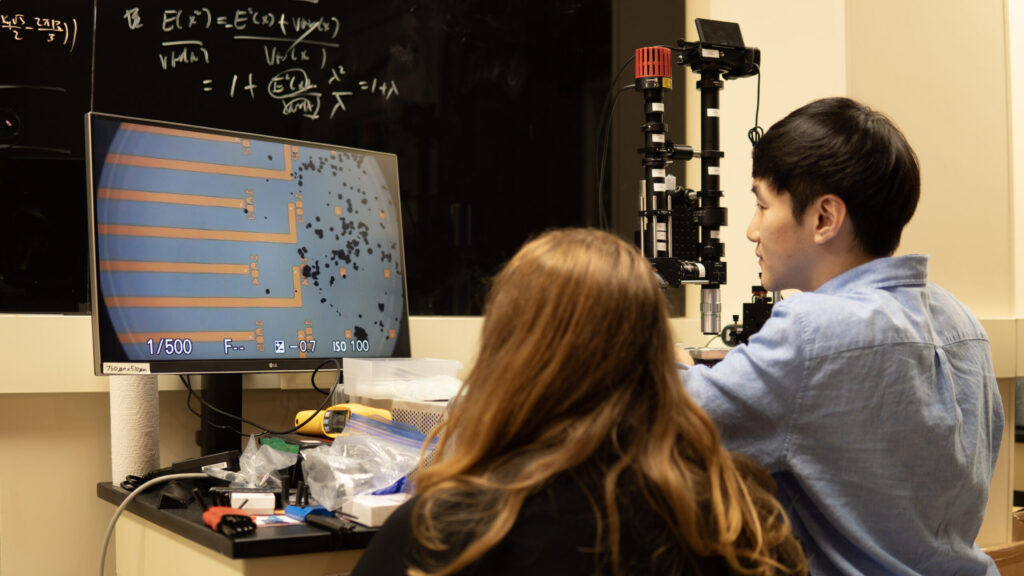 A monitor shows a circle with orange lines, which are microelectrodes, stretching towards the battery particles, which look like black dots on the screen. Two students observe the screen.