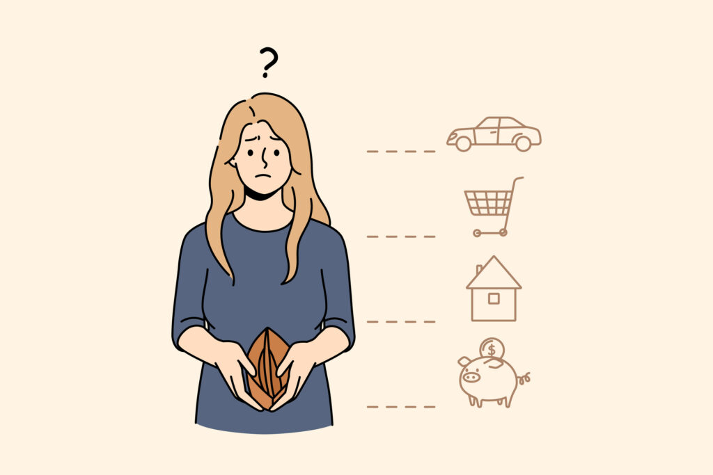 Unhappy confused woman with empty wallet think of monthly payment. Frustrated female distressed with bills and taxes pay suffer from financial crisis or debt. Bankruptcy. Vector illustration. Image credit: Aleksei Morozov, iStock