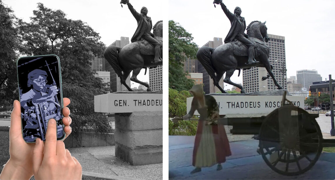 Photo of a statue before and after it is viewed through the AR-augmented HerView process