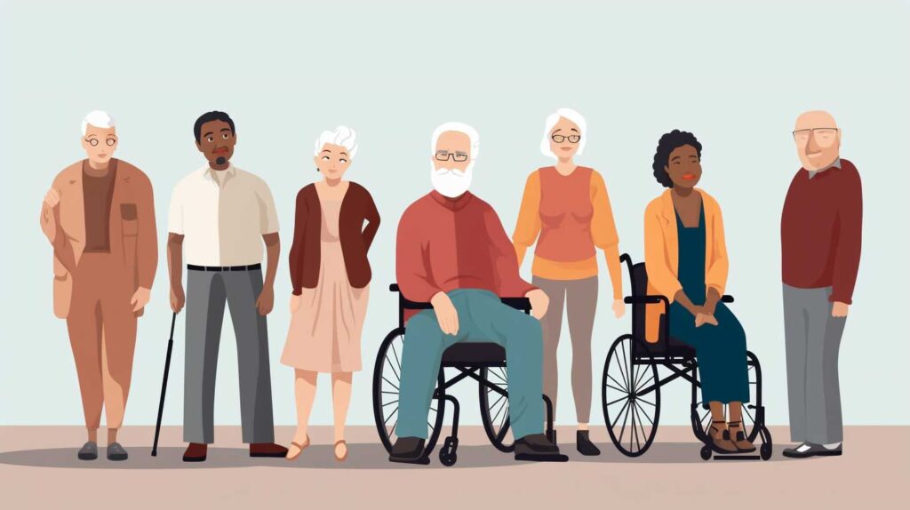 Concept illustration of a group of disabled senior citizens. Image credit: Nicole Smith, made with Midjourney