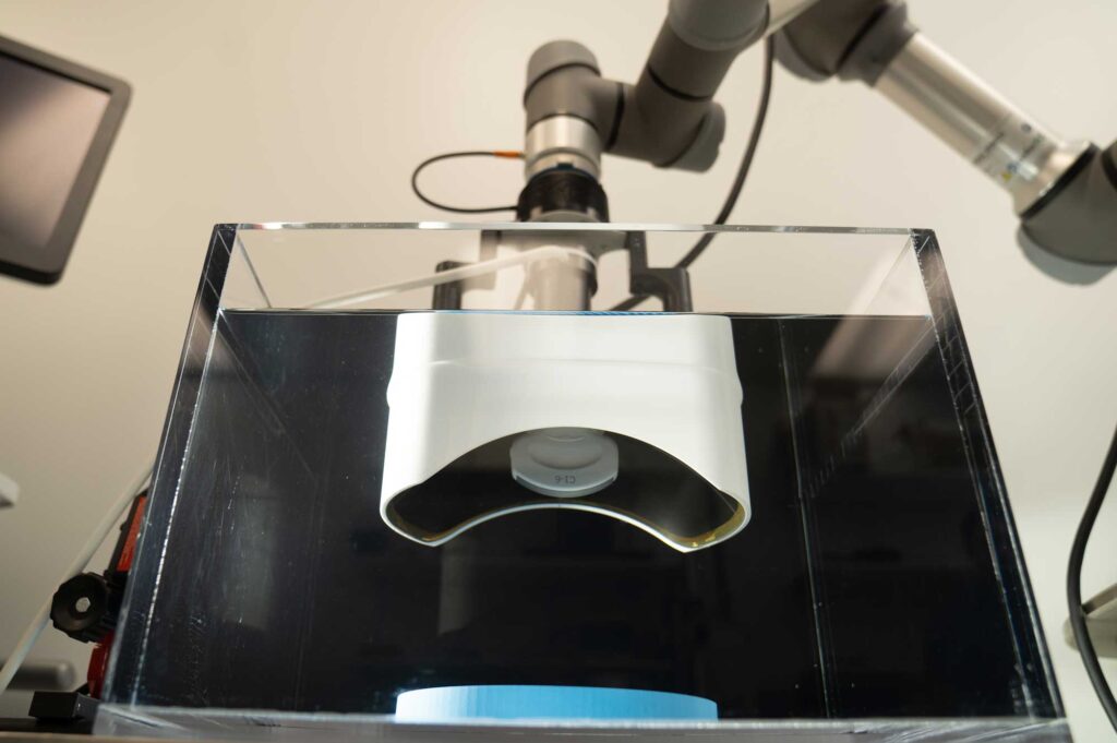 The treatment head of the Edison Platform, designed for delivering histotripsy treatment. Image credit: Erica Bass, Rogel Cancer Center, Michigan Medicine
