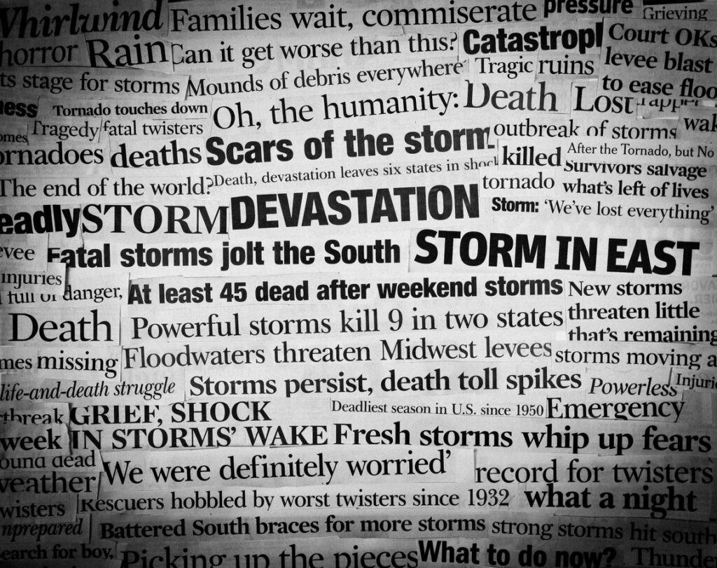 Collage of headlines of storms. Image credit: iStock