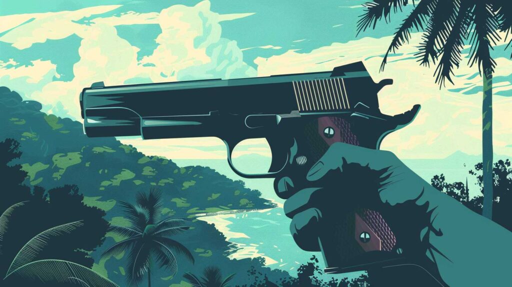 Concept illustration of a hand holding a handgun in a tropical setting. Image credit: Nicole Smith, made with Midjourney