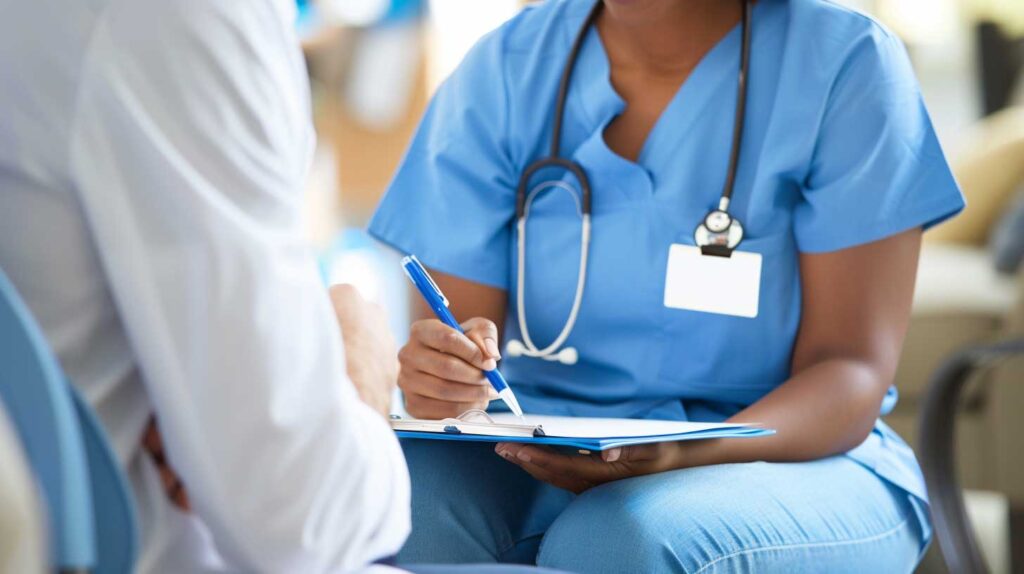 Concept photo of a nurse interviewing a patient. Image credit: Nicole Smith, made with Midjourney
