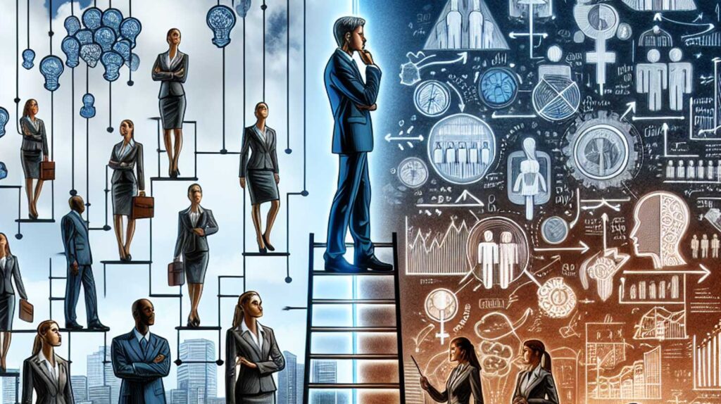 Concept illustration of women in the workplace encountering bias. Image credit: Nicole Smith, made with Dall-E