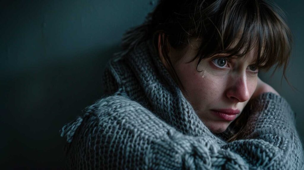 Concept photo of a woman in her thirties hugging herself with tears on her face, wearing a grey sweater sitting alone against a wall at home, with a dark background. Image credit: Nicole Smith, made with Midjourney