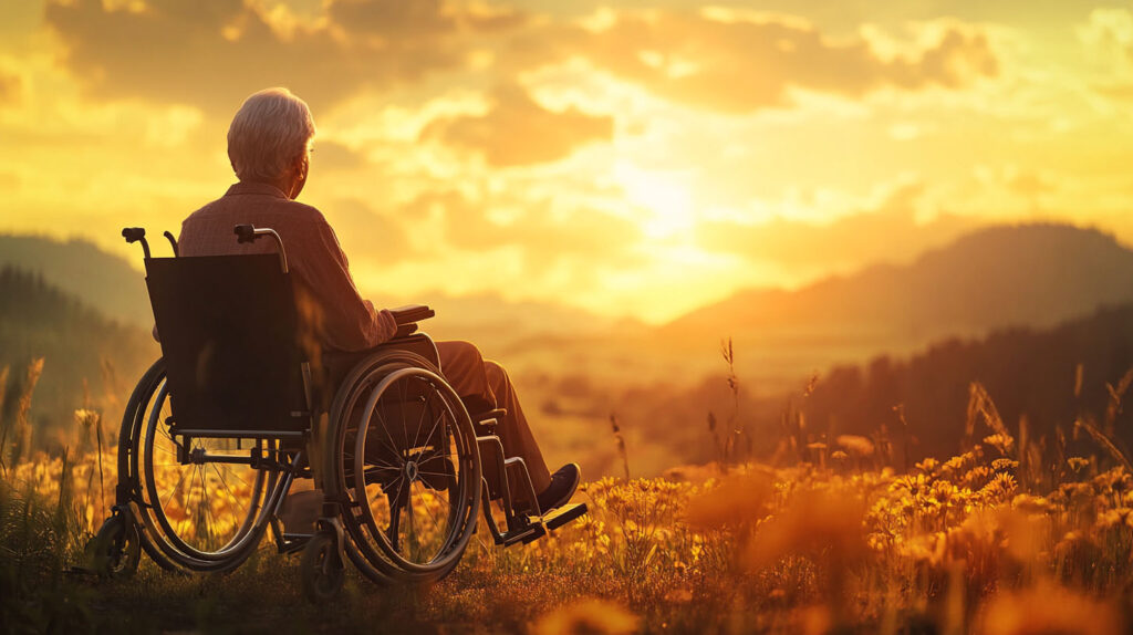 Concept illustration of a senior citizen sitting in a wheelchair with their back to the camera looking at a landscape at sunset. Image credit: Nicole Smith, made with Midjourney
