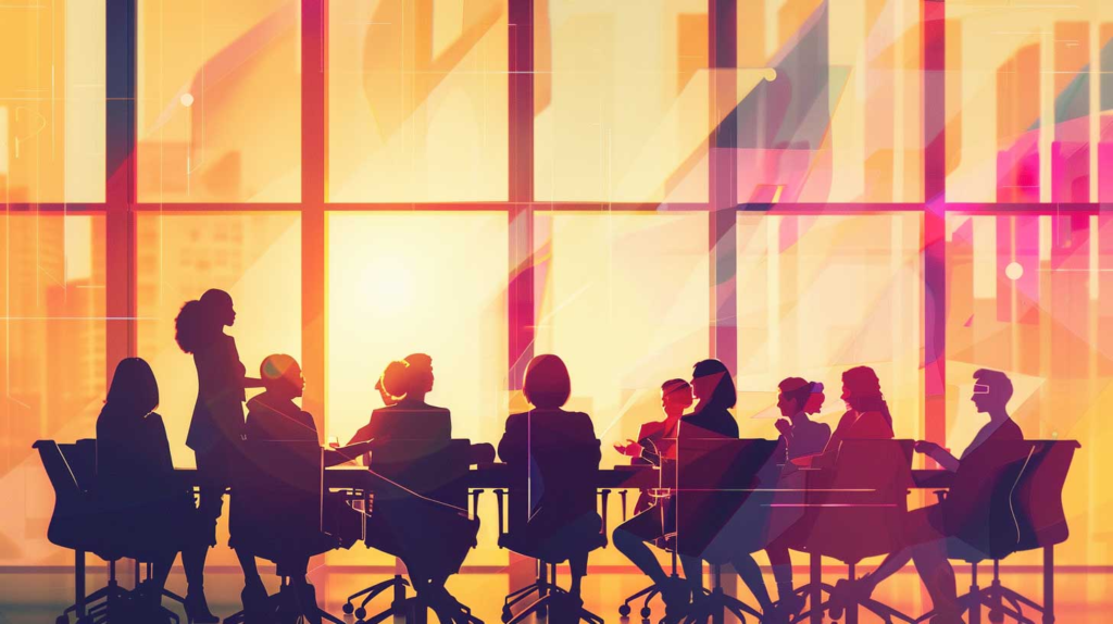Concept illustration of a diverse group of professional women in business attire, sitting in a modern boardroom with large windows, discussing and collaborating. The atmosphere is vibrant and productive, with a female leader standing and speaking confidently at the head of the table. In the background, abstract symbols representing gender equality are subtly integrated. Image credit: Nicole Smith, made with Midjourney