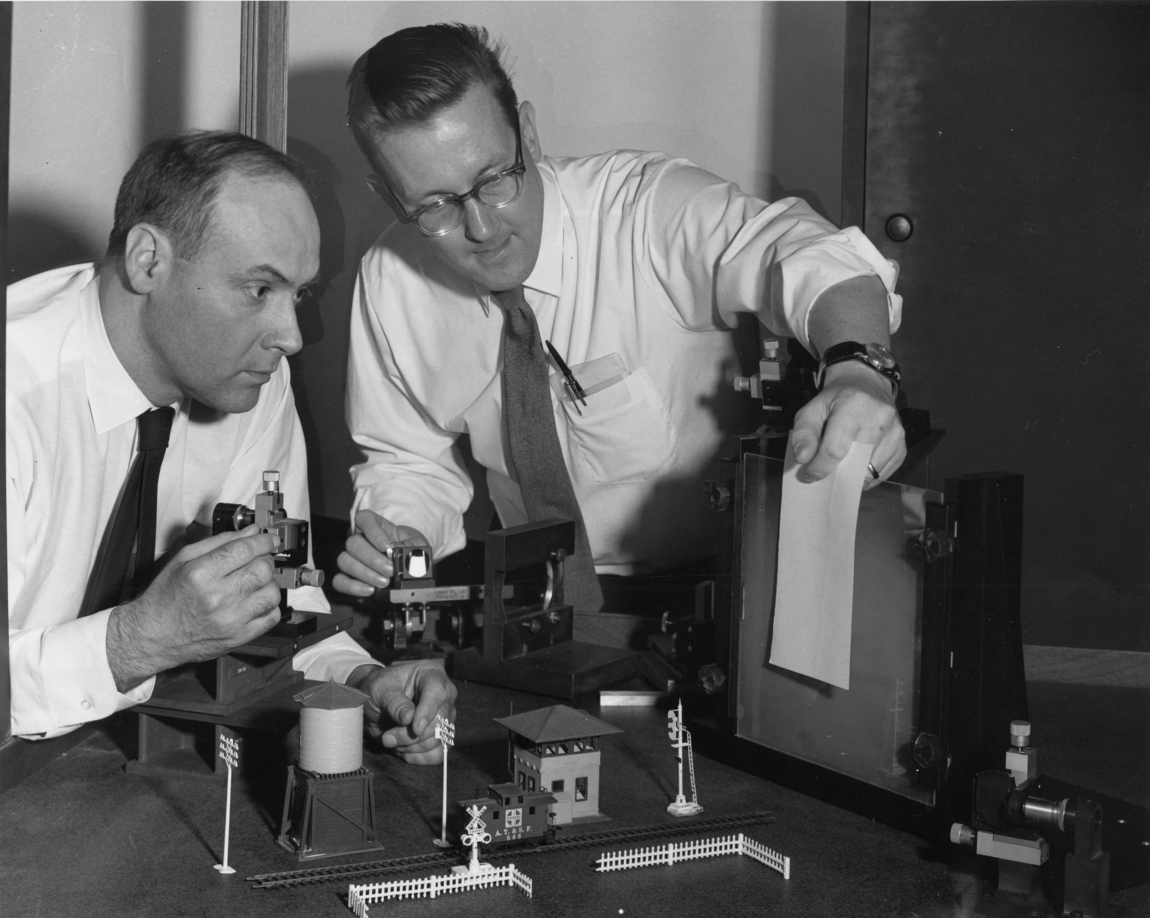 A photo of two professors developing the first practical hologram