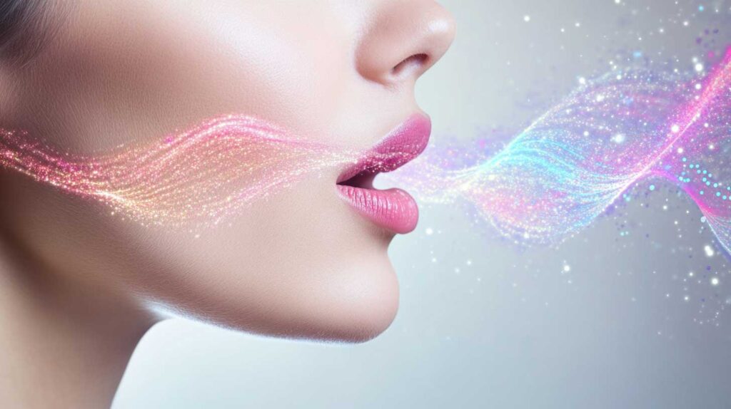 Concept illustration of voice waves emanating from a woman's mouth. Image credit: Nicole Smith, made with Midjourney