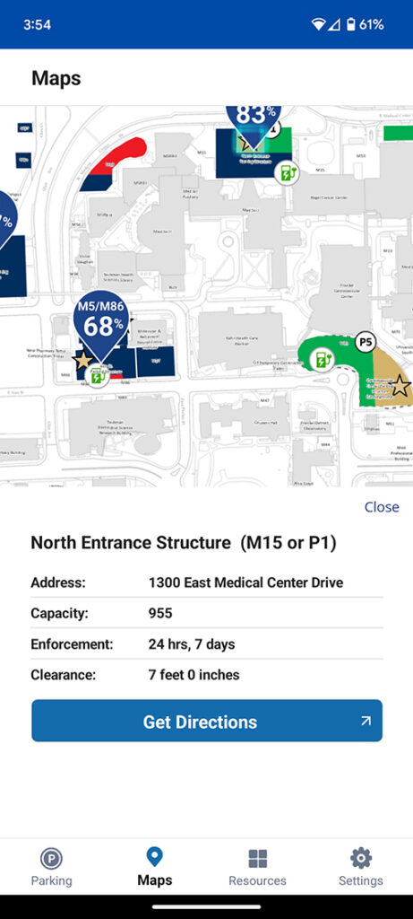 This screenshot from the MGoPark app shows the location and information about various lots and structures.