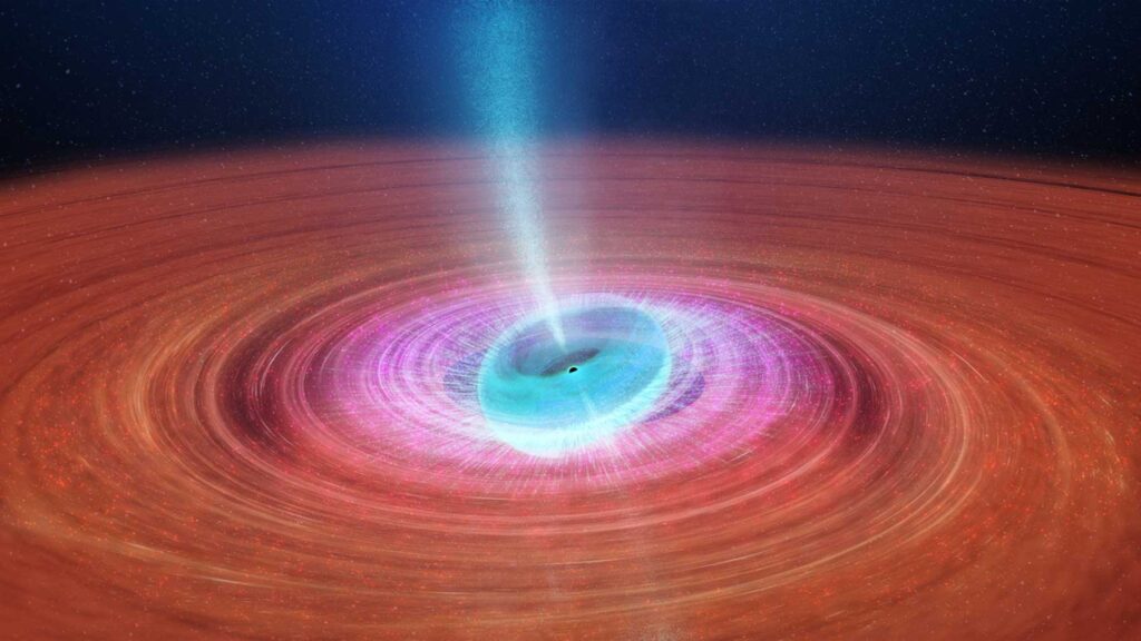 An artist's rendering shows a disk of matter swirling around a black hole—a small black orb at the center of the image. As you get closer to the black hole, the matter gets more energetic, shown as colors brighter shades of red-orange to purple to blue. Next to the black hole, the disk also starts to warp.