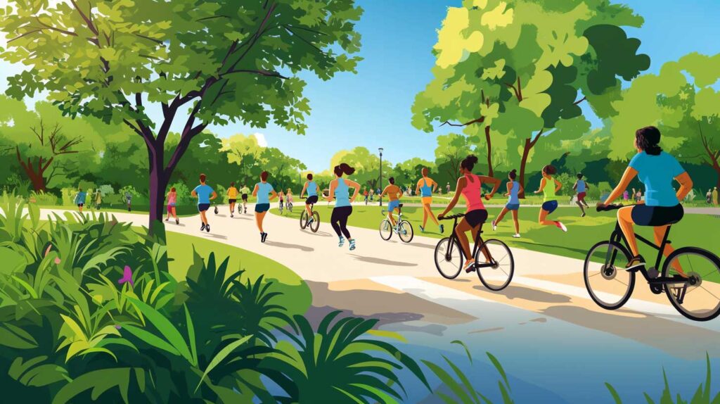 Concept illustration showing a diverse group of adults engaging in various forms of exercise at a scenic park. Image credit: Nicole Smith, made with Midjourney